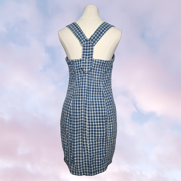 Vtg 90 Y2k Blue White Plaid Gingham Midi Tank Button Up Cotton Summer Dress Sz 9 - Picture 4 of 7